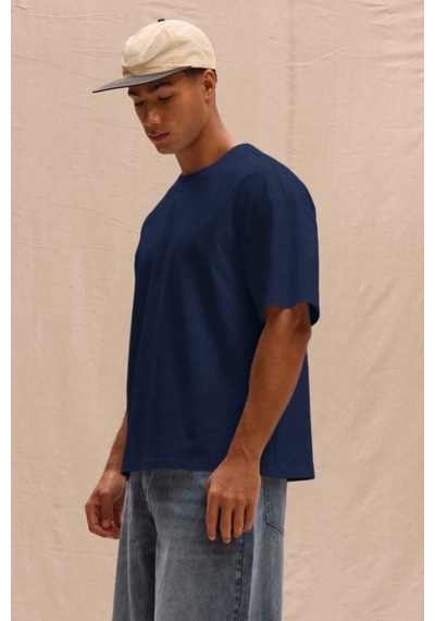 Erkek %100 Organik Pamuklu Kalın Dokulu Comfort Fit Bisiklet Yakalı T-shirt Lacivert