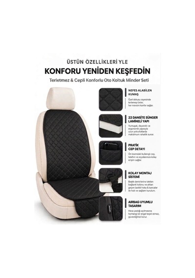 Terletmez Cepli Oto Koltuk Minder Seti Kolay Montaj Universal Koruyucu Kılıf Kumaş Siyah