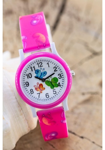Kelebek Desenli Pembe Kız Çocuk Kol Saati Analog Saat St-304418 Beyaz