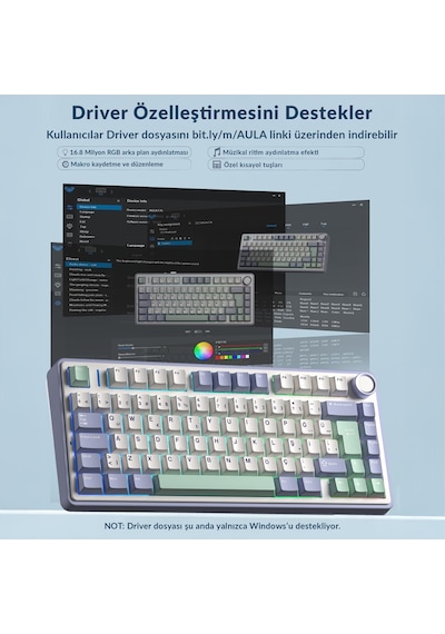 Aula F75 Mekanik Rgb Tkl Graywood V4 Switch Kablosuz Makrolu Hot Swap Türkçe Q Klavye Pastel