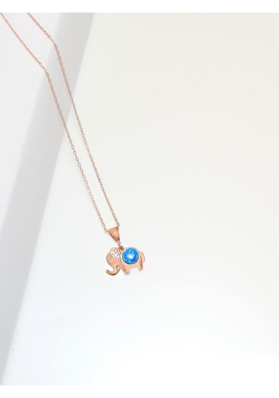 Brezza Lusso Jewelry Opal Mavi Taşlı Fil Figürlü Gümüş Kadın Kolye 42 CM