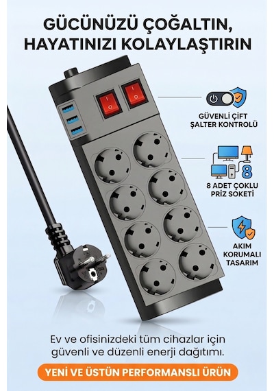 2 Metre Uzatma Kablosu 8 Li Çoklu Priz 3 Usb Girişli, Termal Akım Korumalı, Yüksek Güvenlikli Priz