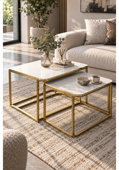 Sulorahome Damla İkili Orta Sehpa Seti Beyaz Ve Gold Altın - Beyaz