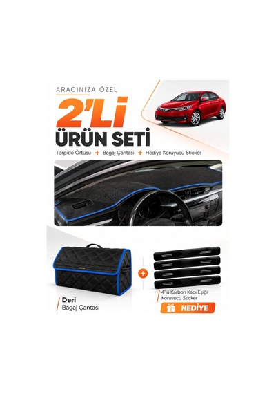 Toyota Corolla E170 2012-2018 Uyumlu Torpido Örtüsü + Deri Bagaj Çantası + Sticker - Siyah Mavi