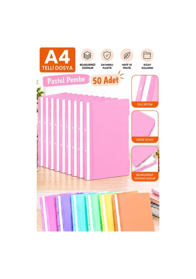 Telli Dosya Pastel Pembe A4 50 Adet Ekonomik Kaliteli Plastik Telli Dosya Evrak Sunum Dosyası Renkli Ofis Büro Okul