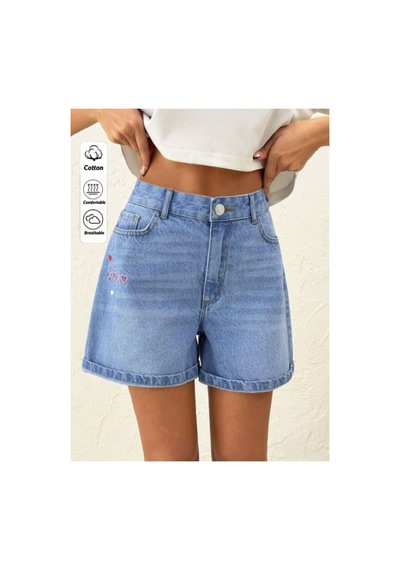 Kene Jeans Bacak Nakışlı Mavi İşlemli Kısa Kot Şort Mavi İşlemli