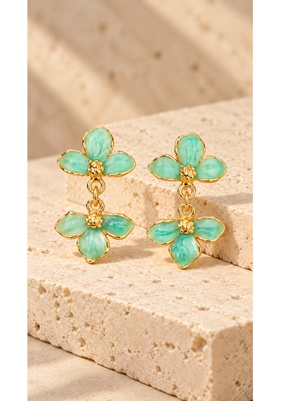 Riody Fleur De Menthe Mint Yeşili Çiçek Formlu Sallantılı Gold Renk Kadın Küpe Açık Yeşil