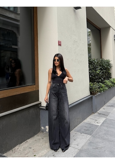 Out Of Standart Kadın Extra Wide Leg Yüksek Bel Geniş Paça Jean Pantolon Siyah