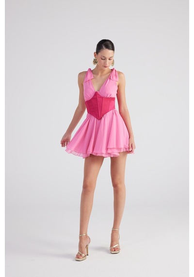 Holly Lolly Çıkarılabilir Korseli Gloplu Mini Şifon Fiona Elbise Pembe