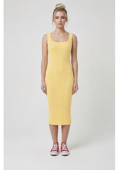 Neden Tekstil Premium Fit Kare Yaka Fitilli Triko Midi Elbise - Sarı