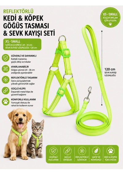 Reflektörlü Kedi Ve Köpek Göğüs Tasması Sevk Kayışı Seti Xs-s 24-36 Cm 120 Cm Kayış - Neon Yeşil Çok Renkli
