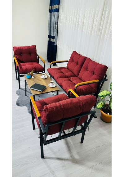 Madame Home Kaktüs Balkon, Bahçe,teras,cafe - Salon - Metal Kanepe Koltuk Takımı - 2 1 1 Sehpa Bordo
