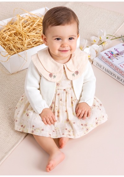 Babymod Bebe Yaka Çiçek Desenli 100% Pamuk Müslin Triko Hırkalı Kız Bebek Elbise Ekru