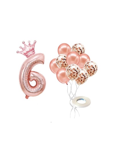 6 Rakam Rose Gold Folyo Balon, Kral Tacı Ve Konfetili Rose Gold Balon