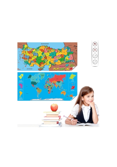 Cengo 56x118 Cm Renkli Dünya Ve Türkiye Haritası Seti Akıllı Kağıt Tahta Tek Renk