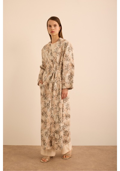 Aker Yaprak Desenli Keten Yandan Bağlamalı Kimono Ekru Ekru