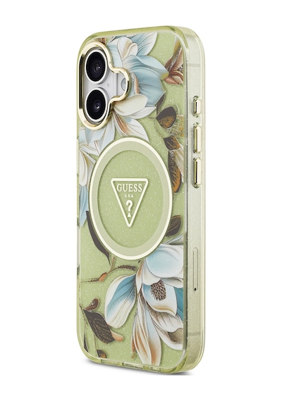 Apple Uyumlu iPhone 17 Kılıf Guess Lisanslı M-safeli Simli Çiçek Desen Metal Kamera Çerçeveli Üçgen Logolu Yeşil Yeşil