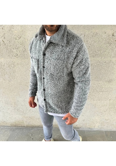 Oada Erkek Pelüş Polar Hırka Gömlek Yakalı, İlik Düğmeli, Göğüs Cepli, Yumuşak Dokulu Kışlık Regular Fit Rahat Günlük Model - Gri