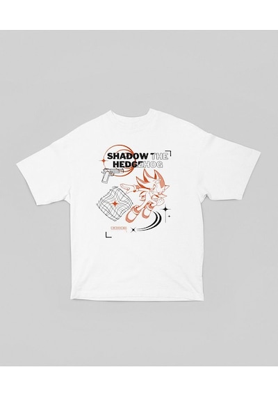 Shadow Sonic The Hedgehog Baskılı Unisex Oversize Çizgi Film Tişö Beyaz