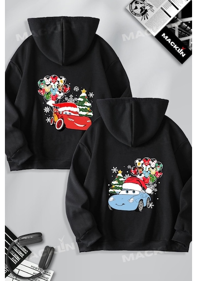 Macklin Sevgili Çift Kombin Mcqueen Ve Sally Baskılı Yılbaşı Özel Tasarım Kapüşonlu Sweatshirt 2li Set Takım Siyah Mck1563 Siyah