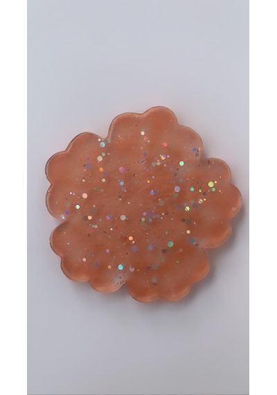 Turuncu Gümüş Glitterli Çiçek Desen Epoksi Bardak Altlığı Turuncu