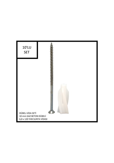 Dübel-vida Seti, Gaz Beton Ytong Dübeli 10 Mm, 6,0x120 Yhb Sunta Vidası, 10 Adet