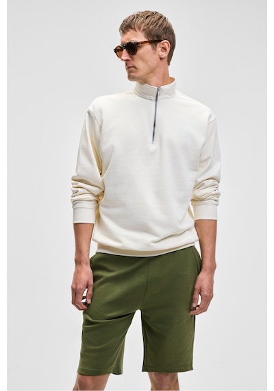 Grımelange NESTOR Erkek Relaxed Fit Dik Yakalı Yarım Fermuarlı Uzun Kollu Ekru Sweatshirt