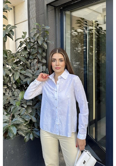 WeShaya Kadın Beyaz Uzun Kol, Silver Düğme Detaylı, Nakış İşlemeli, Klasik Gömlek Beyaz