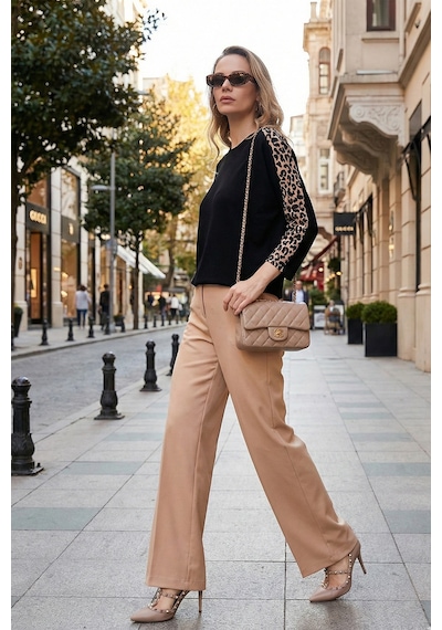 Lela Kolları Leopar Desenli Bisiklet Yaka Bayan Bluz 5863809 Siyah