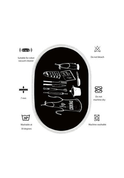 Dijital Kaymaz Yıkanabilir Banyo Mutfak Salon Paspas Halısı Trend Saçaklı Oval Al4032 Siyah