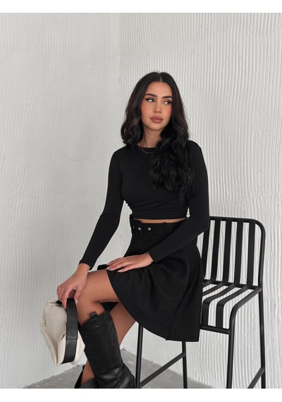 Ozy Fashion Kadın Siyah Renk Midi Boy Kemerli Süet Kloş Etek Siyah