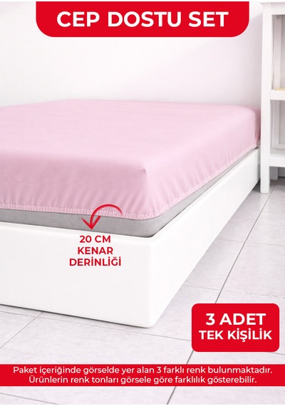 3 Adet Tek Kişilik Lastikli Çarşaf - 100x200cm - Mavi/yeşil/lila - Ranforce Çok Renkli