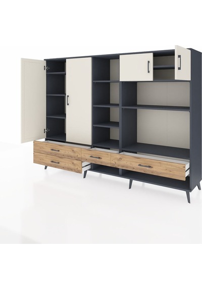 Hyperion Dolap 12 Raflı 4 Çekmeceli 4 Kapaklı 220x44x163 Antrasit Antrasit-aytaşı/çam