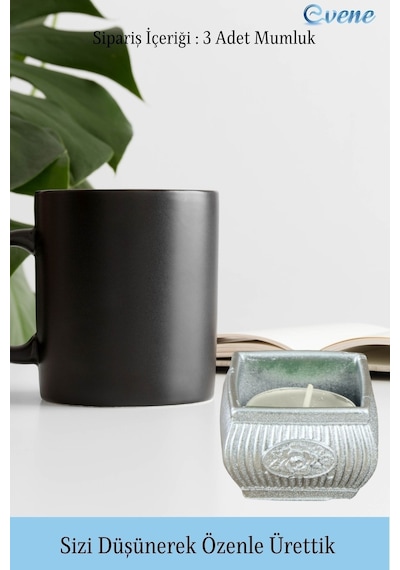Mumluk Şamdan 3 Adet Tealight Uyumlu Üçlü Mini Çizgili Çiçekli Model - Gümüş