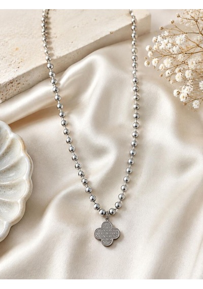 Cm Jewelry Çelik Top Zincirli Yonca Desenli Uzun Kolye Gümüş