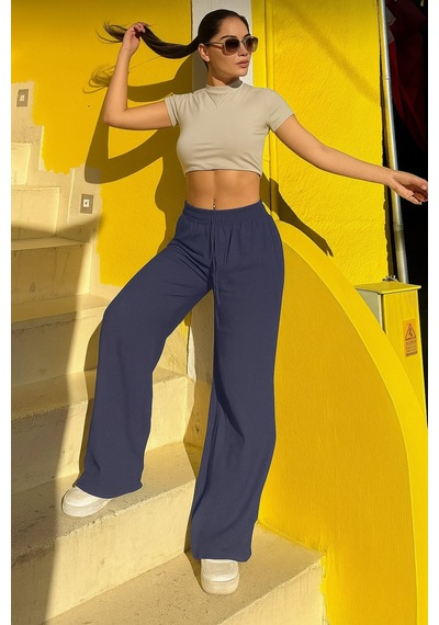 Trendy Mall Sofya Keten Bol Kesim Pantolon Mavi Mavi
