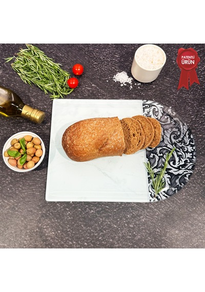 Kanallı Cam Kesme Tahtası - Ornament Beyaz - Kenarı Oval- 25x35cm