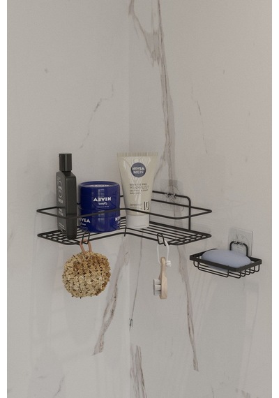 Suntel Tek Katlı Kendiliğinden Kancalı Banyo Rafı + Sabunluk Siyah