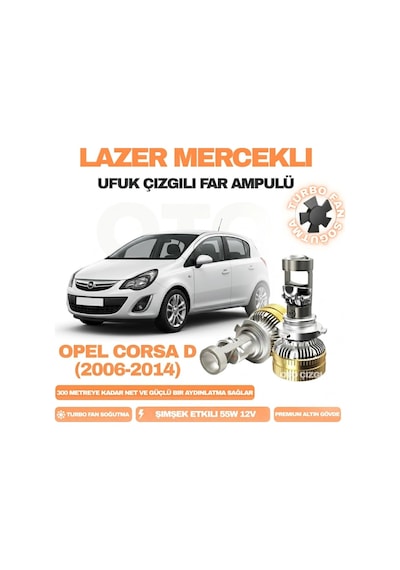 Opel Corsa D 2006 - 2014 Kısa Far Uyumlu Mercek Led Ufuk Çizgili Far Ampulü Led Şimşek Etkili