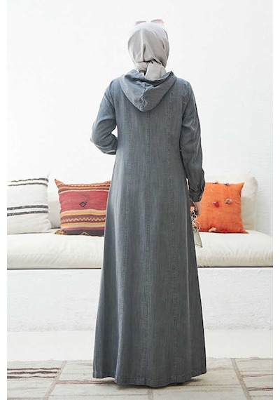 Neways 6463-Kapşonlu Denim Ferace Gri