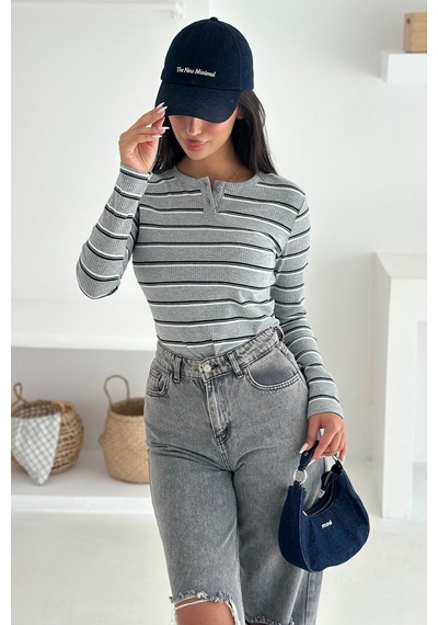 Noa & Noa Kadın Çizgili Düğme Detaylı Bluz Retro Stripe Gri