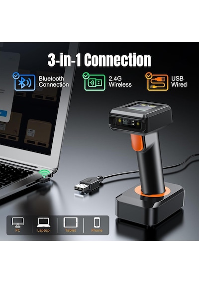 Hw0006 2d Wireless Barcode Scanner With Display Screen Bluetooth, 2.4g & Usb 3-in-1 Kablosuz El Tipi Barkod Okuyuc