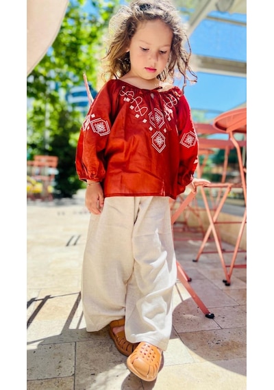 Cigit Kol Ve Ön Nakışlı Keten Pantolon Takım 2-7 Yaş Taba Taba