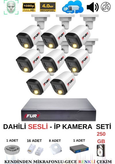 Fury Ip Güvenlik Kamera Seti 8 Kameralı Sesli 4mp Gece Renkli Su Geçirmez Ip5515s 250gb
