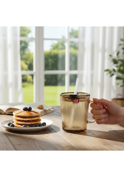 2 Adet Kapaklı Pipetli Cam Kupa Bardak Çay Kahve Meşrubat Tatlı Bardağı Kahverengi 370 Ml Beyaz - Çok Renkli