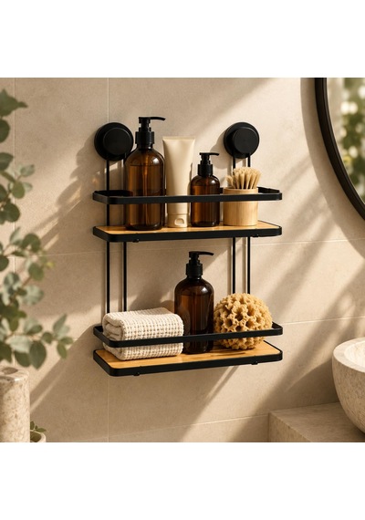 Deconox Metal Bambu Banyo Rafı 2 Katlı, Delmeden Yapışkanlı Duş Düzenleyici Raf, 25 X 10 Cm, 32 Cm Yükseklik, Şampuan Ve Duş Jeli Organizeri Aahşap