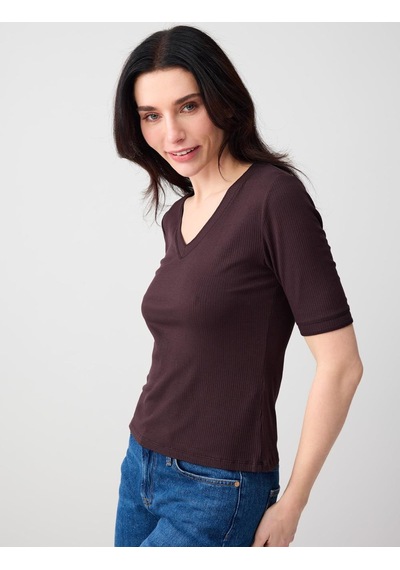 Jimmy Key Acı Kahve V Yaka Kısa Kollu Düz Kesim Örme Bluz 6sw035677803