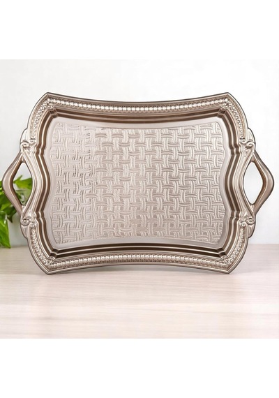 Alisveristime Osmanlı Motifli Dikdörtgen Metal Servis Tepsisi Kulplu 2 Kişilik Sunum Tepsisi, 37 X 23 Cm, 373 G,