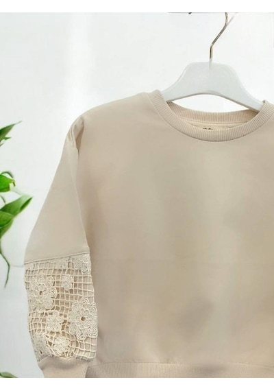 Kız Çocuk Pamuklu İki İplik Kolları Güpür Yuvarlak Yaka Sweatshirt-14464 Bej