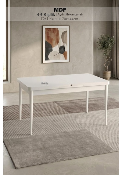Renlife 70x114 Cm Açılır Mdf Mutfak Masası 4-6 Kişilik Modern Yemek Masası Beyaz Mdf